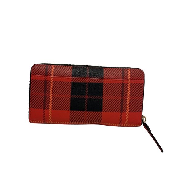 NWOT Kate Spade Red & Black Plaid Leather Zip-Around large Wallet Gold Hardware - Picture 2 of 4